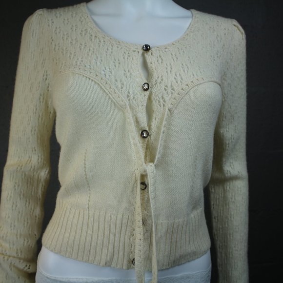 Anthropologie Knitted & Knotted Sweater Cardigan Puff Crystal Medium Crochet - Picture 2 of 7